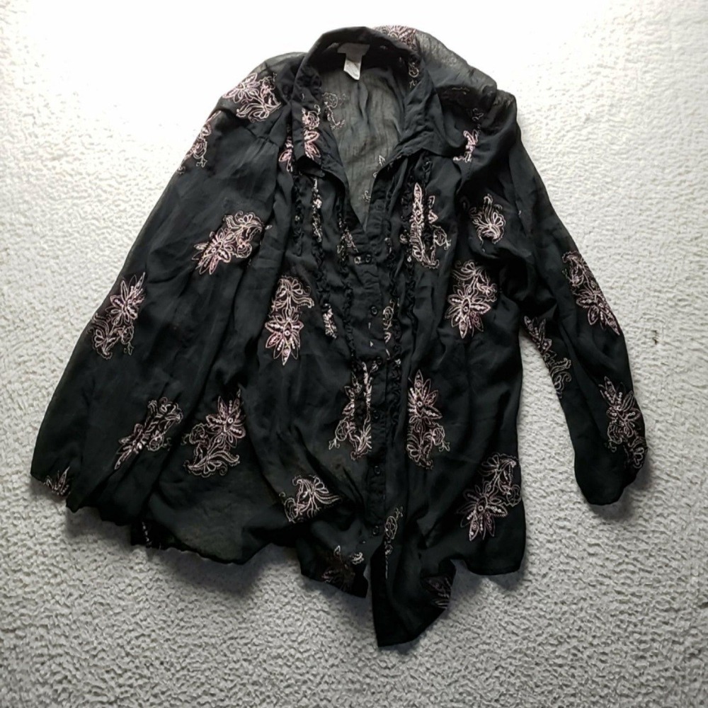 Worthington Blouse Womens Plus 3X Black V Neck Long Sleeve Floral Tunic Top